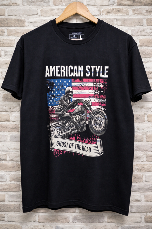 Camiseta negra American Style Ghost of the Road con esqueleto motero y bandera americana