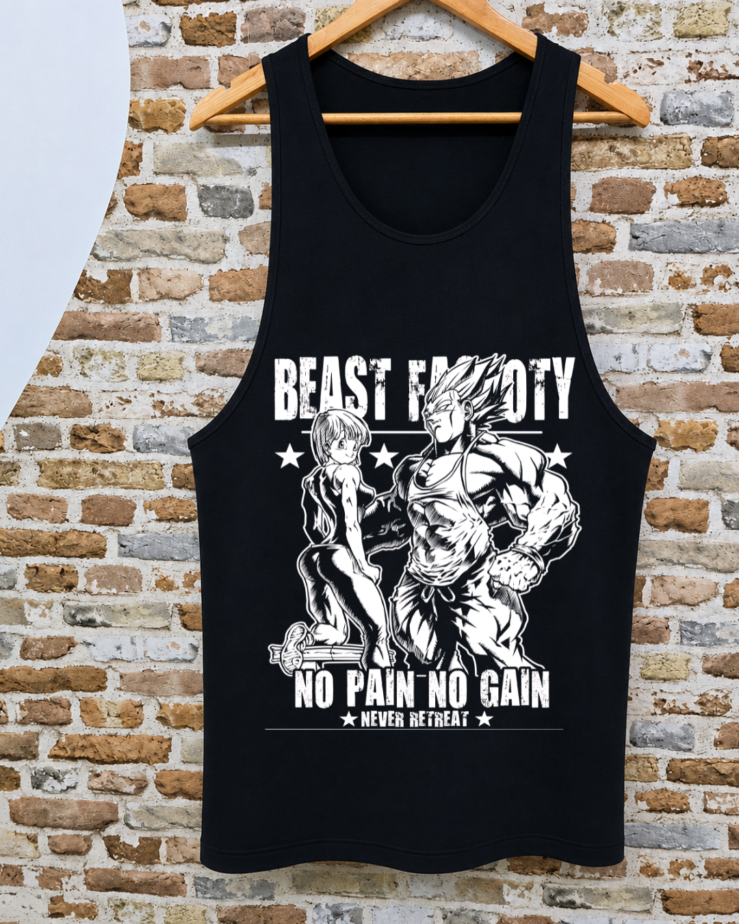 Camiseta tirantes gym Beast Factory Bulma Vegeta No Pain No Gain negro