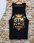 Camiseta tirantes gym No Excuses barras kettlebells fuego dorado negro