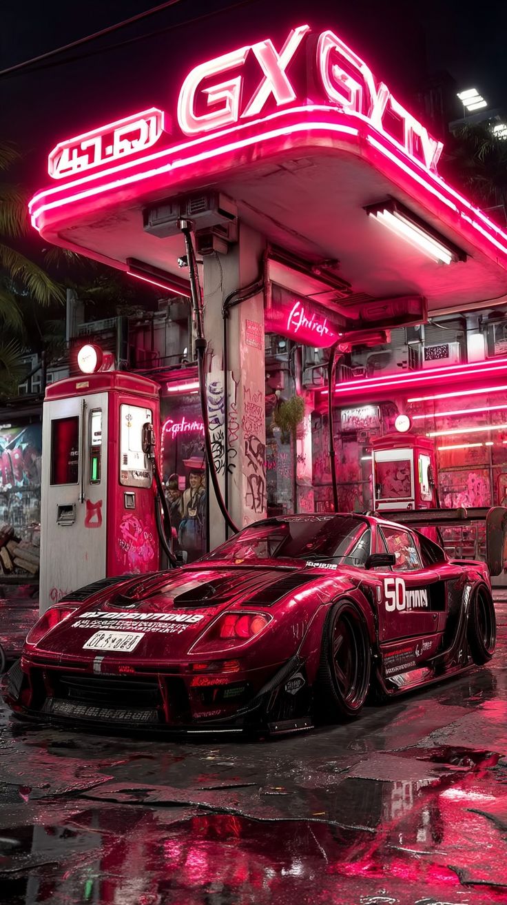 Lámina de Aluminio con diseño de Coche Japonés en gasolinera Luminosa