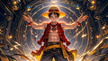 Lámina de Aluminio Luffy con Brazos Abiertos y Rayos Dorados
