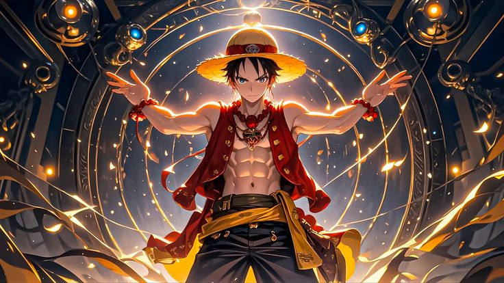 Lámina de Aluminio Luffy con Brazos Abiertos y Rayos Dorados