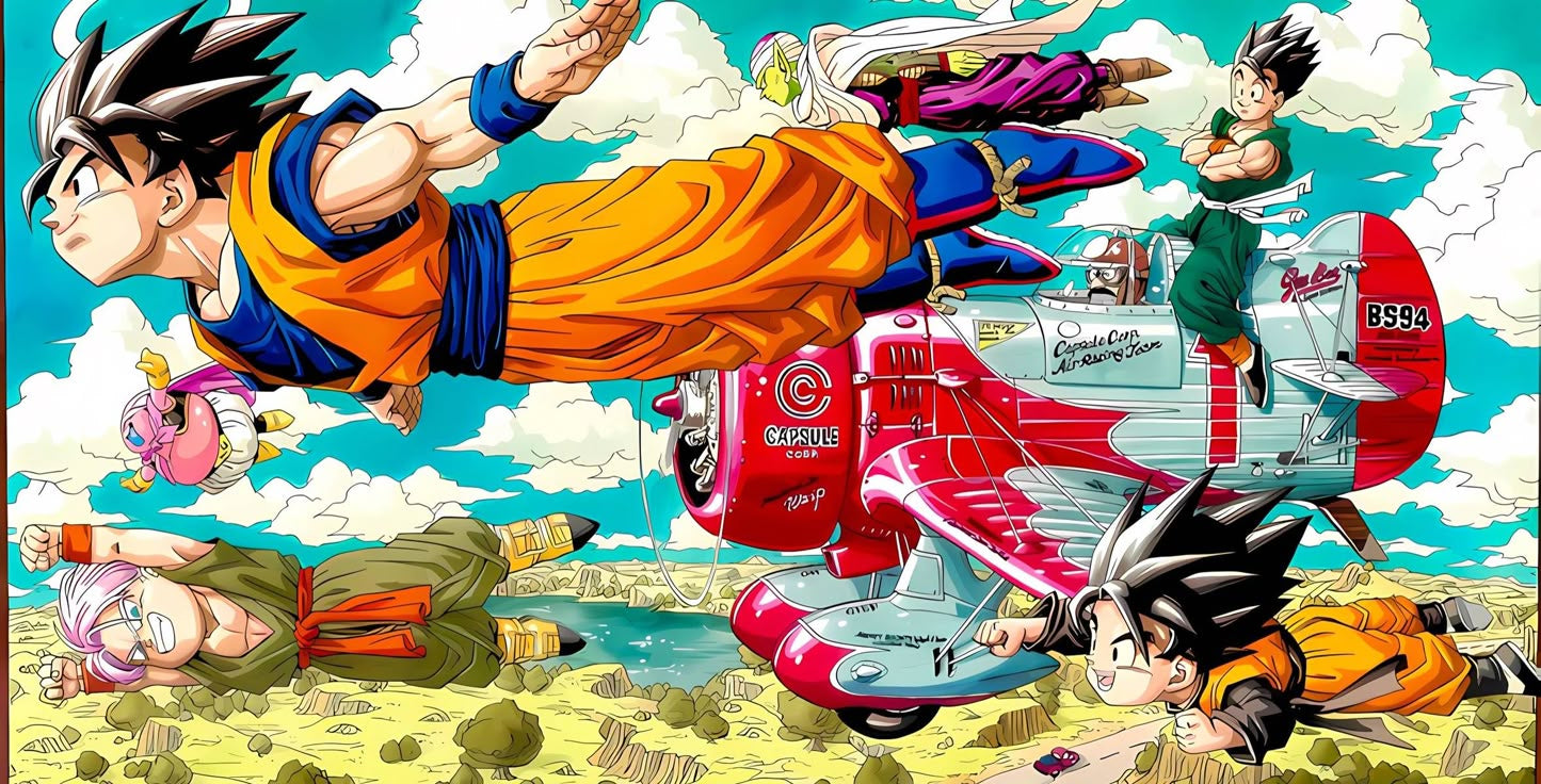 Lámina Dragon Ball - Goku, Gohan, Trunks, Goten y Buu Volando