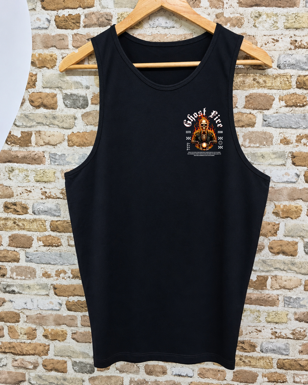 Camiseta Sin Mangas Ghost Fire Calavera Moto Llamas - Delantera