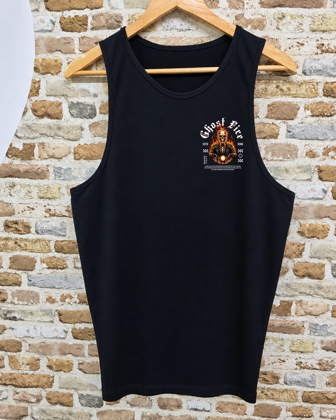 Camiseta Sin Mangas Ghost Fire Calavera Moto Llamas - Delantera